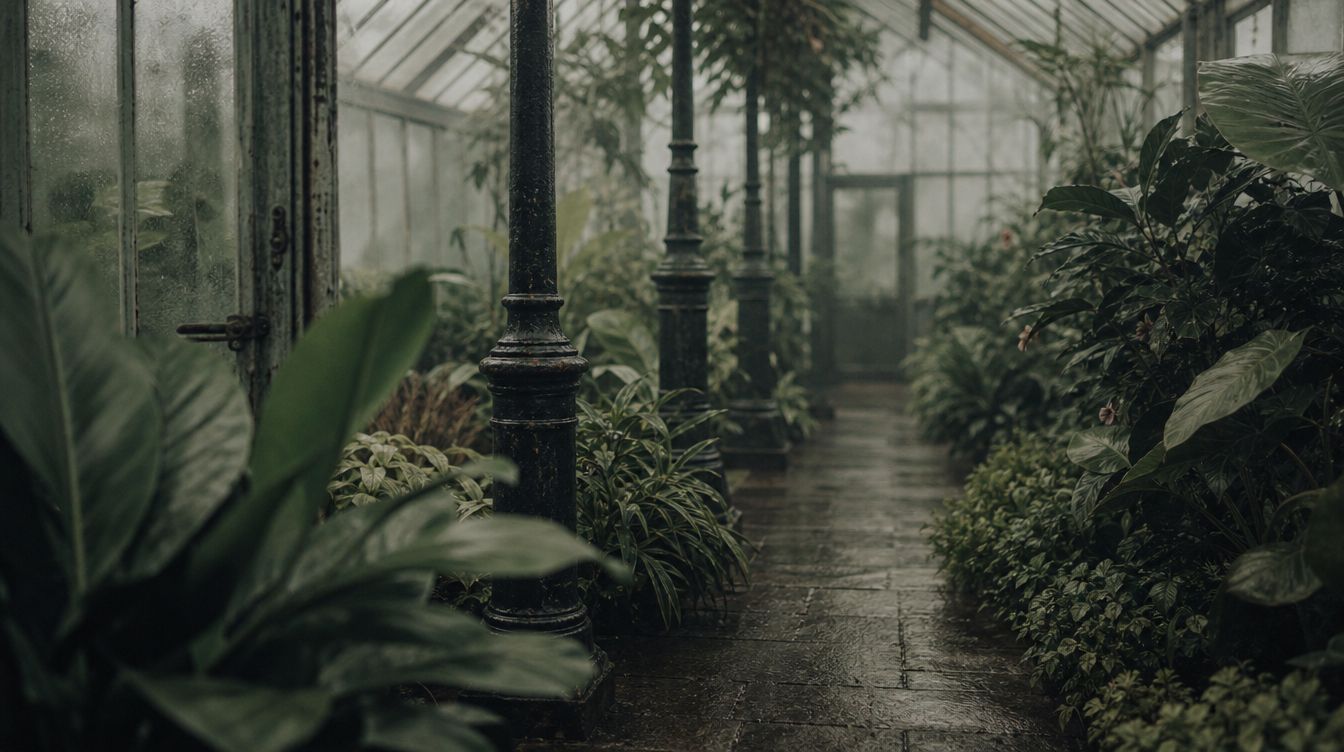 A planted aisle inside the glasshouse, iron columns receding into mist