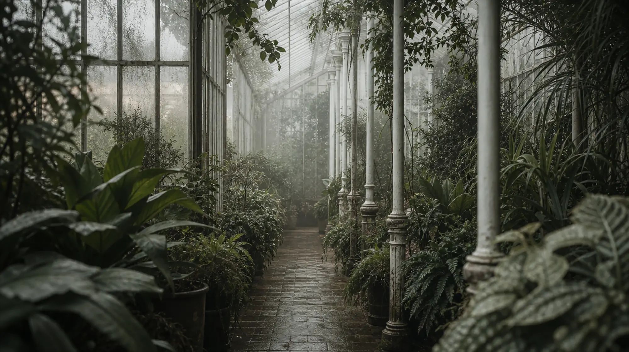 The glasshouse at The Orchid, mature planting under misted Victorian glass