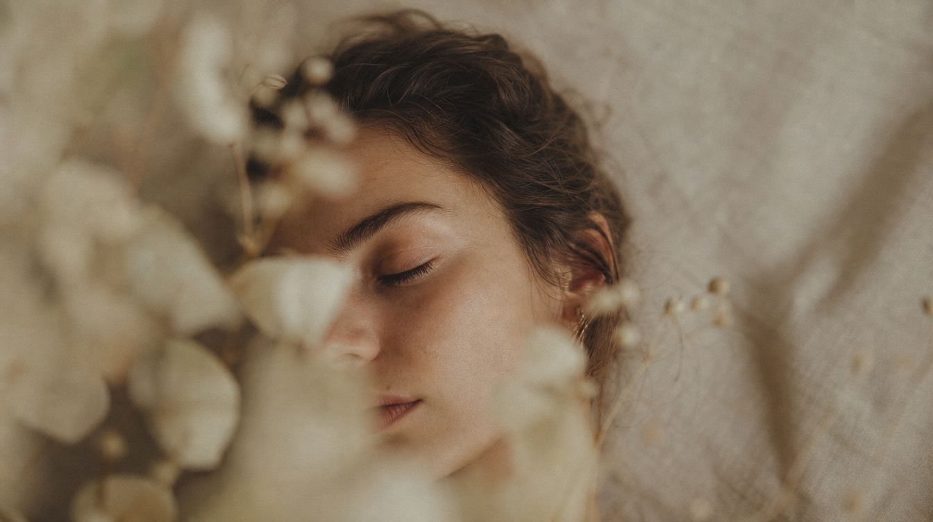 A guest at rest, eyes closed, seen through soft foreground blur