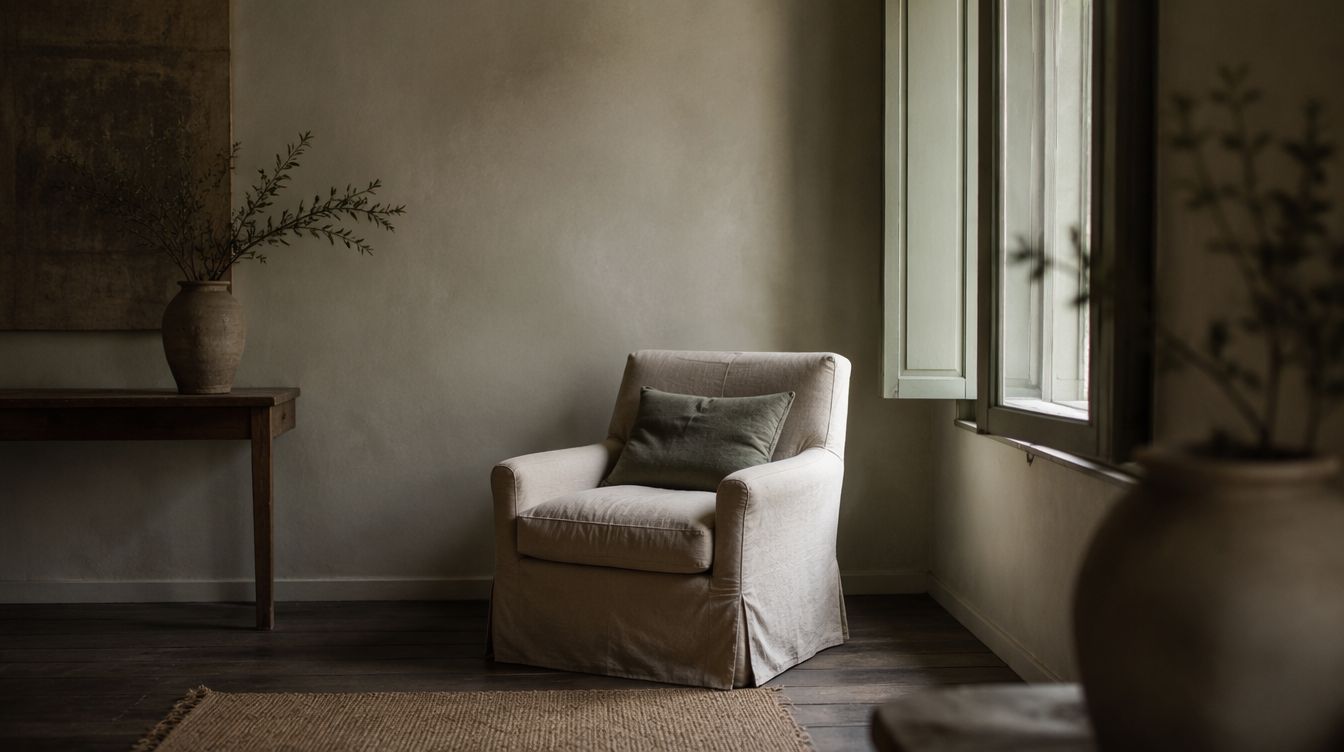 A quiet lounge with a single linen chair beside a shuttered window