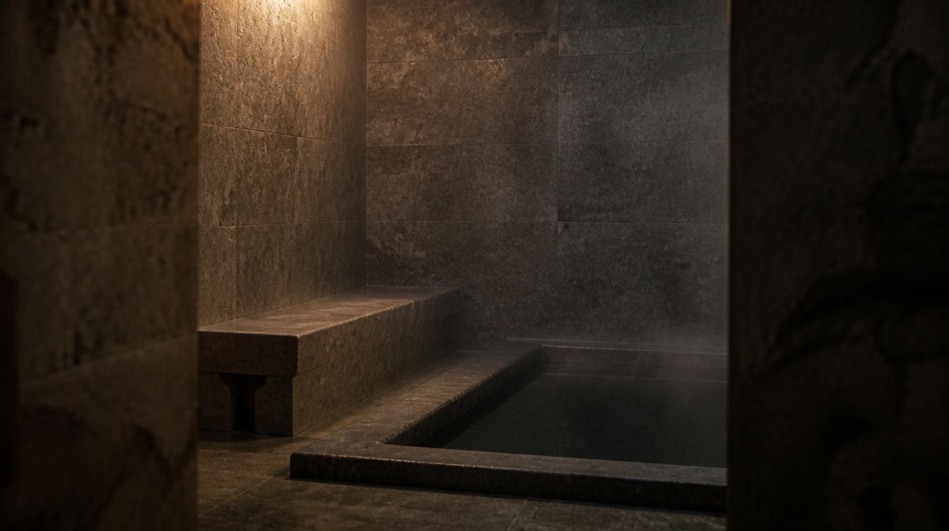 A thermal room in dark limestone with a recessed stone bath