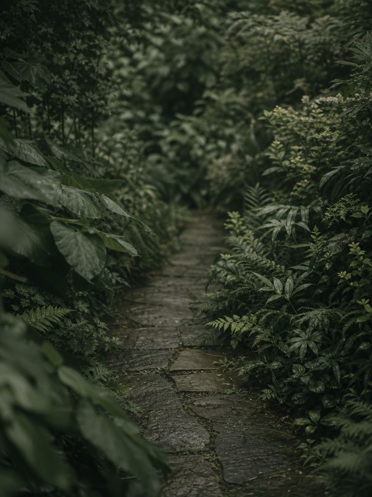 A stone path between overgrown broad-leaved planting