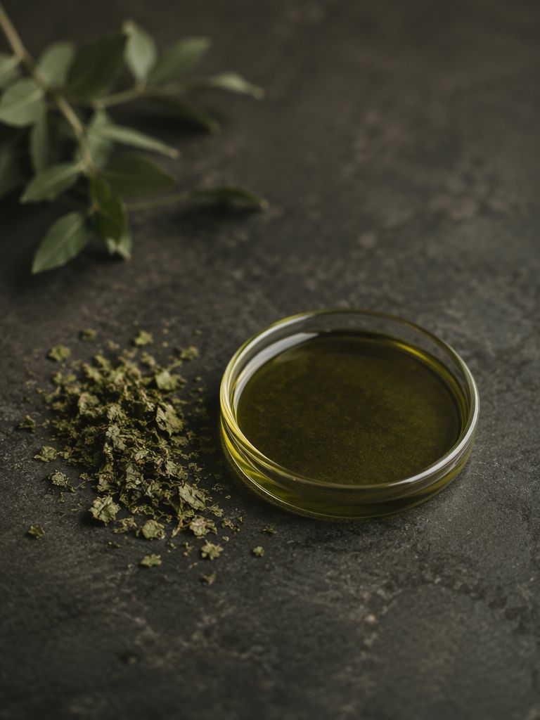 Botanical oil and crushed green leaves on dark stone