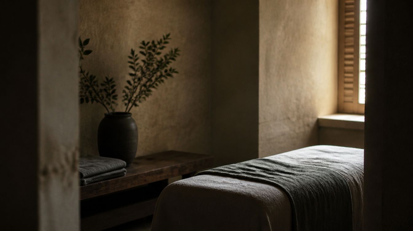 A treatment room at The Orchid, limestone and dark timber in low light