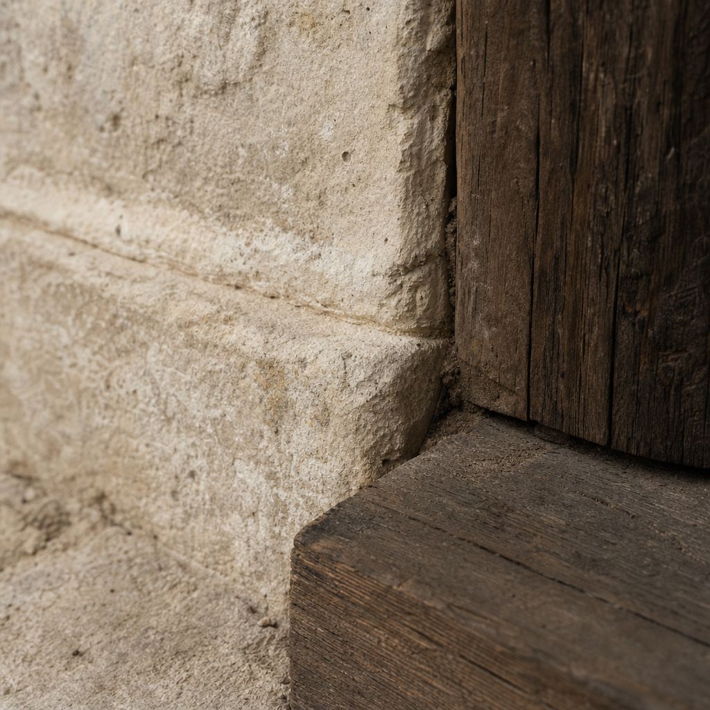 Aged limestone meeting a dark timber threshold